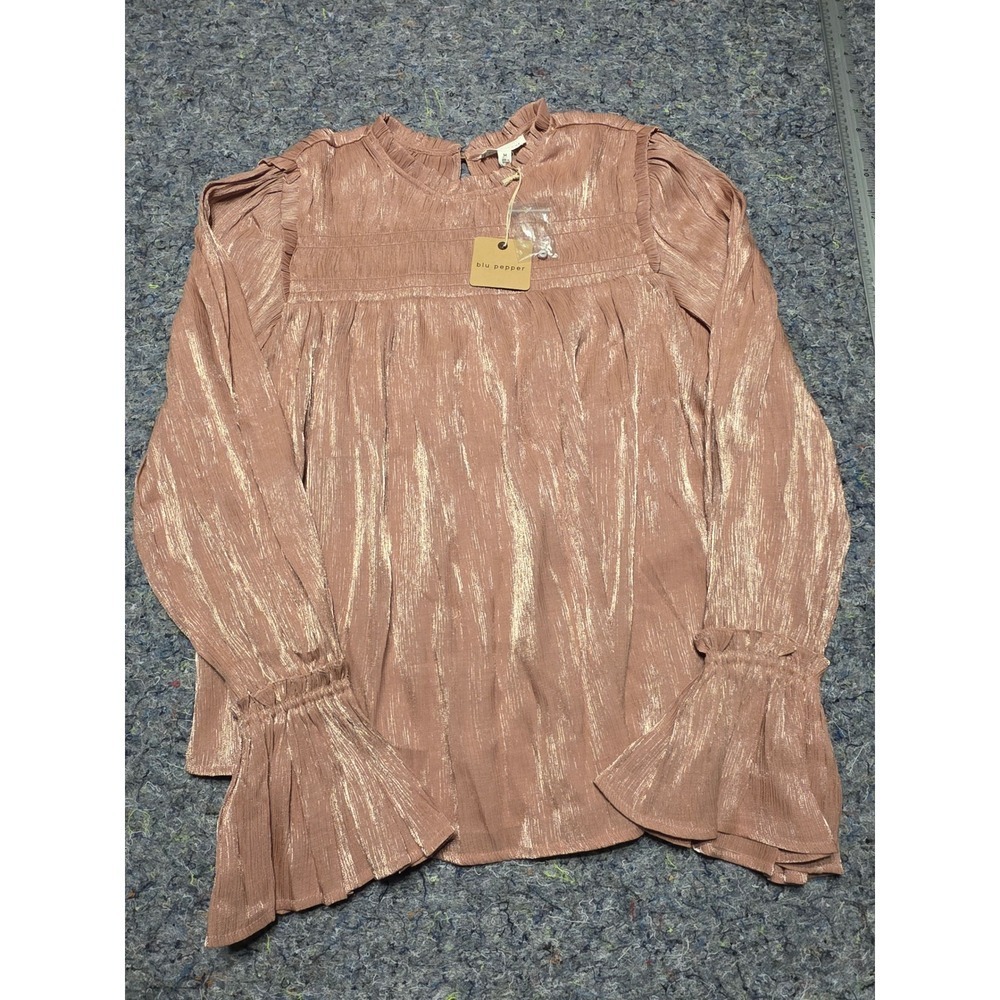 990 Blu Pepper Metallic Rose Gold Bell Sleeve Ruffle Neck Blouse B2FT1046  M